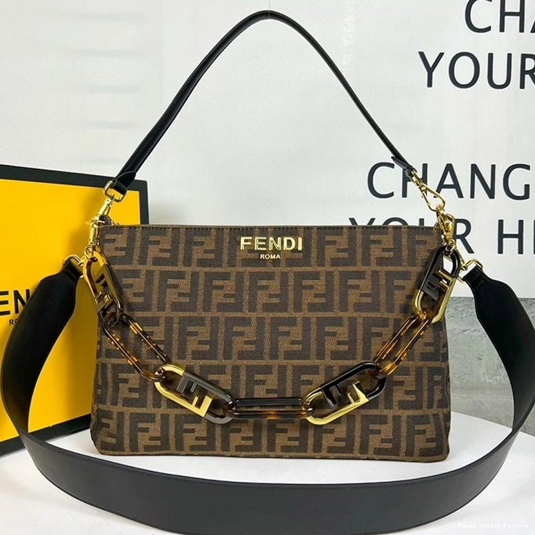 HOT Bag FF Shoulder Brown Zip Fendi O'Lock Motif In Fabric 0725